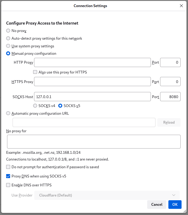 FFox proxy on SOCKS5, 127.0.0.1:8080